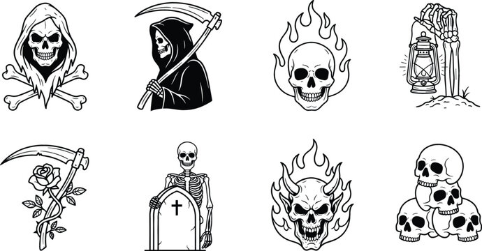 Gothic grim reaper line art icon set featuring skulls scythe skeleton tombstone fire and demon on white background