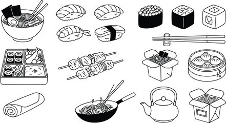 Japanese food line art icon set featuring sushi ramen bento box dumplings yakitori and takeaway noodles elements isolated © PJ DeSign