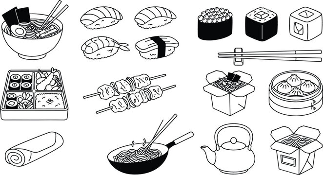 Japanese food line art icon set featuring sushi ramen bento box dumplings yakitori and takeaway noodles elements isolated