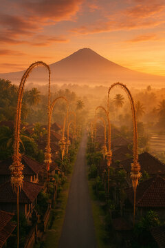 Road with Mount Agung at sunset and traditional Balinese penjor lining both sides, AI-generated