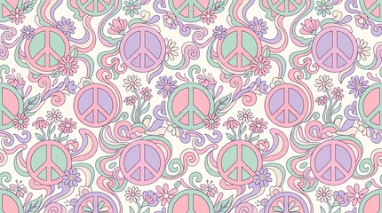 Naklejka premium Retro Hippie Aesthetic Pattern Featuring Colorful Peace Signs Surrounded by Floral Motifs and Groovy Swirls for Textile Art