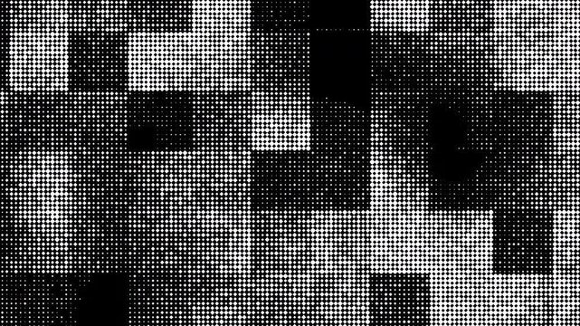 Abstract technology random dots and grid background with square block halftone matrix, high contrast white pixel noise movement, geometric digital data stream motion graphic.