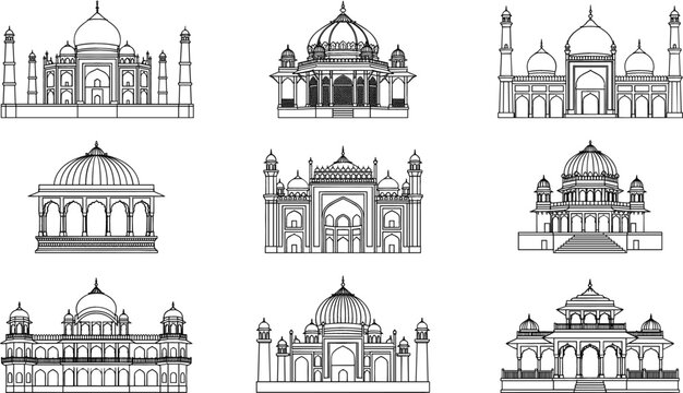 Taj Mahal and historic Indian mausoleum line art icon set featuring Mughal monuments domes mosques and ancient landmarks