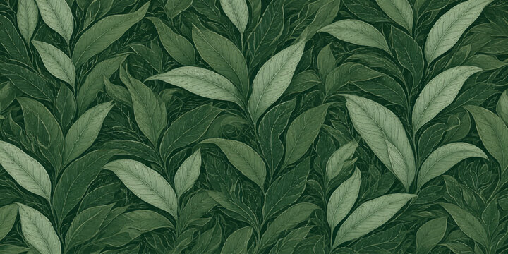 Seamless pattern of lush green tea leaves in botanical illustration style with botanical seamless background environment tropical wallpaper illustration ornament decoration creative