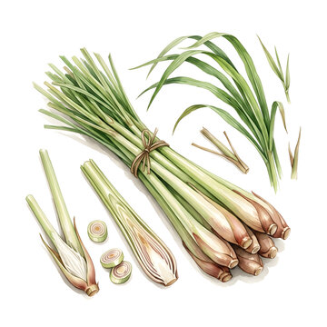 Watercolor illustration of lemongrass stalks, leaves, and slices