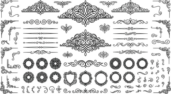 Set of vintage calligraphic flourishes, dividers, frames, and corners for elegant design