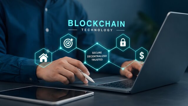 A professional developer working on a laptop using modern blockchain technology to secure digital financial transactions and data networks