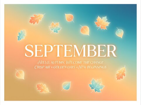 Artistic seasonal transition illustration with luminous fall foliage and inspirational lettering on a soft teal and orange gradient background