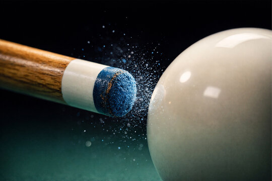 Close-up of a billiard cue striking a colorful pool ball on a table, capturing the precise moment of impact and dynamic motion, AI-generated image