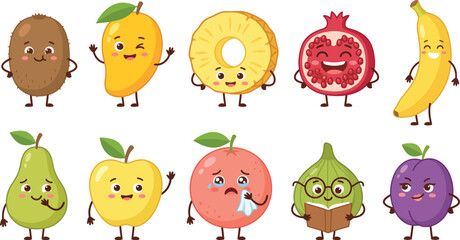 Fototapeta premium Set of cute cartoon fruit characters with various funny facial expressions and poses.