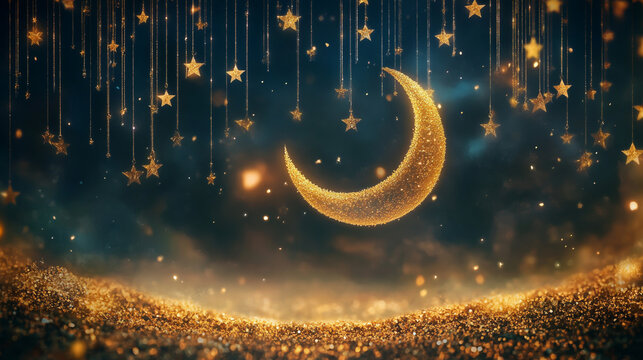 Golden crescent moon and hanging stars night sky background for islamic celebration with ramadan kareem eid mubarak holy month gold sparkle