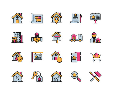 Filled Line Real Estate and Property Icon Set. Filled Line Property Management, Home Repair, and Buying Icons