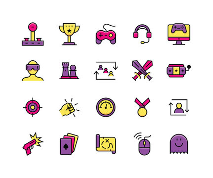 Filled Line Video Game and Esports Icon Set. Filled Line Arcade, Board Games, and Esports Icons