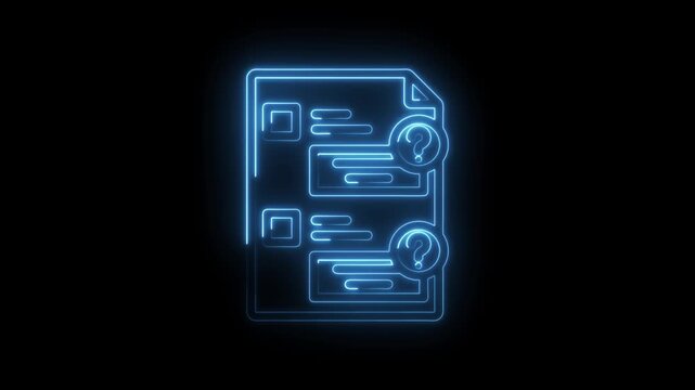Glowing blue neon outline of document with checkboxes and question marks on icon black background