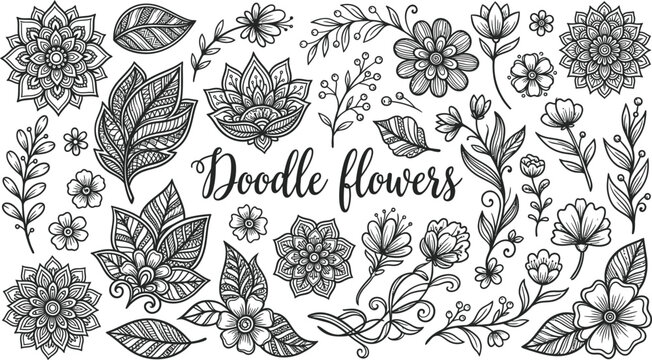 Set of hand drawn doodle flowers and botanical elements for design.