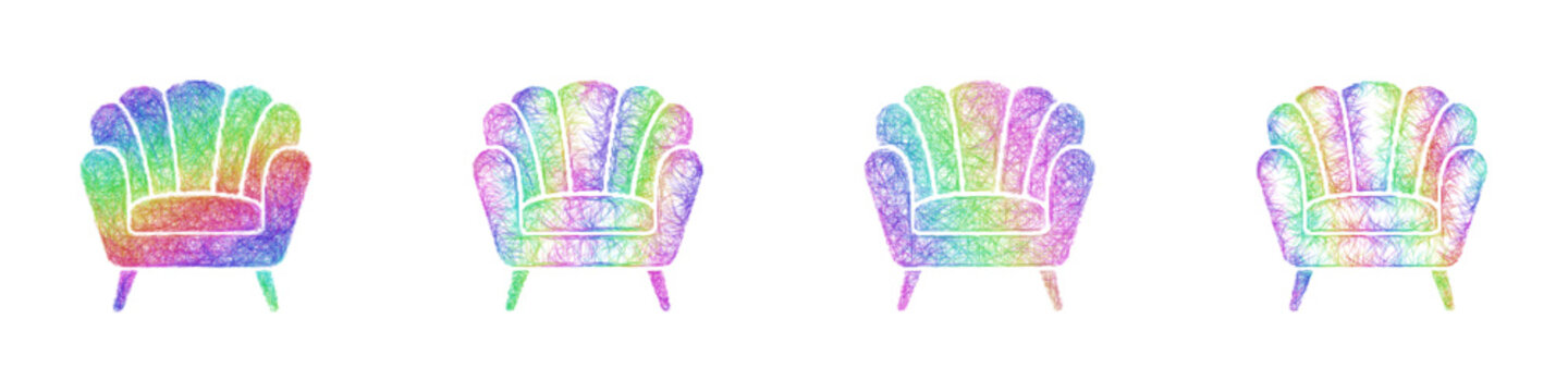 Rainbow color sketch velvet armchair icon design set