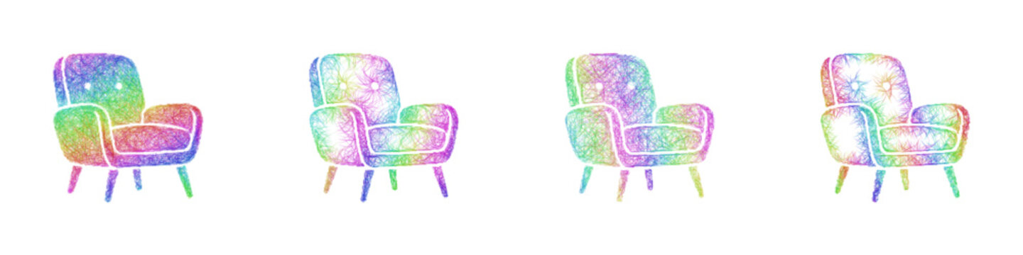 Colorful sketch retro armchair icon design set