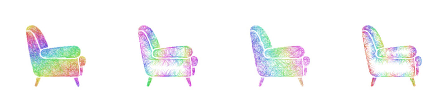 Rainbow color sketch armchair side view icon design set