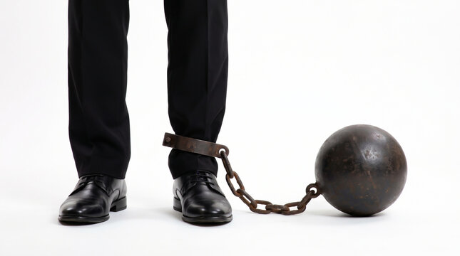 Man's Legs in Black Trousers and Shoes Chained to Heavy Metal Ball