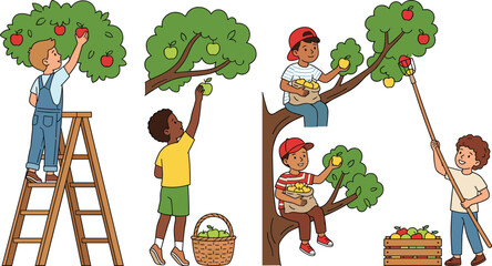 Cute cartoon kids picking fresh apples from trees in orchard for autumn harvest illustration designs © Mukta