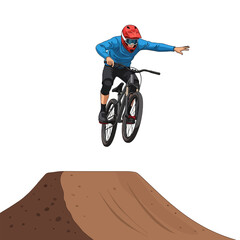 Fototapeta premium Male Dirt Jumper Bicycle Flying Over Soil Ramp