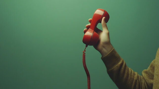 Person holding red vintage telephone receiver against green background with landline phone handset retro phone telephone cord communication
