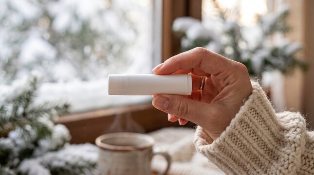 Hand holding lip balm stick in winter with snowy window background