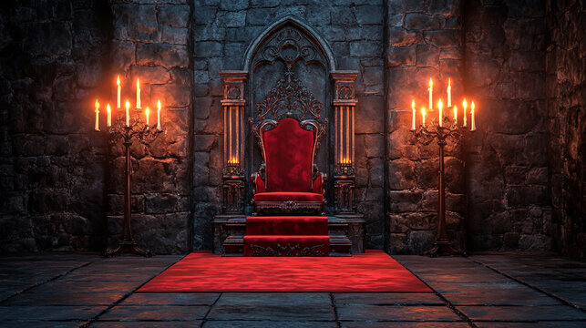Medieval castle throne room interior with a grand red velvet throne and lit candelabras on stone walls royal throne red carpet fantasy throne