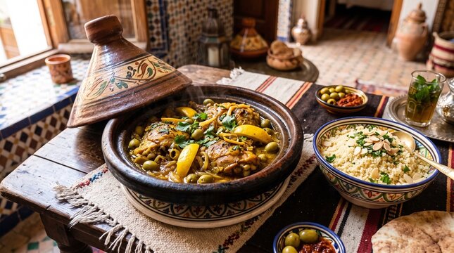 Traditional Moroccan Chicken Tagine with Olives and Lemon Served on a Rustic Table