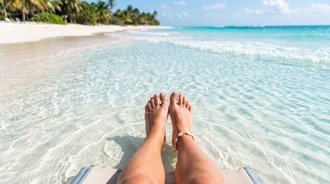 POV shot of woman relaxing on beach chair with feet in clear tropical ocean water