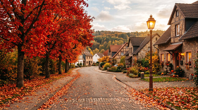 Picturesque autumn village street lined with vibrant red trees, fallen leaves, and charming stone houses at sunset.