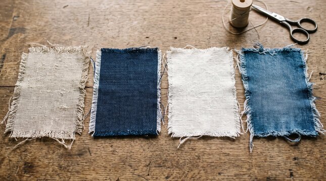 Fabric swatches of denim and linen on a rustic wooden table with vintage sewing scissors.