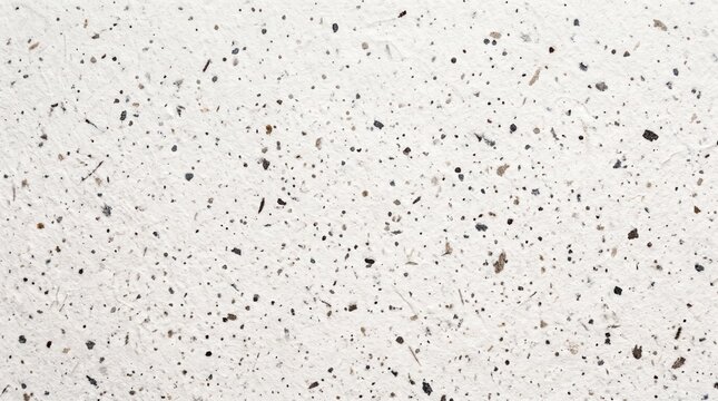 White speckled paper texture with black grain particles and recycled material surface.