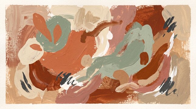 Abstract oil painting with organic shapes in terracotta, sage green and neutral earth tones