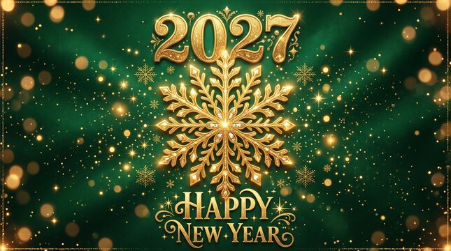 Happy New Year 2027 greeting card with gold snowflake on a dark green bokeh background