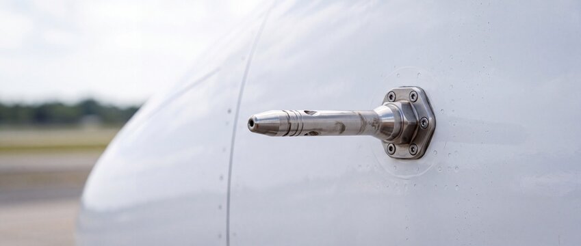 Metal pitot tube sensor mounted on clean white fuselage surface of private business jet parked on tarmac for airspeed measurements