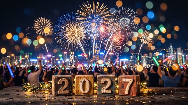 2027 New Year celebration with fireworks and crowd in city night background