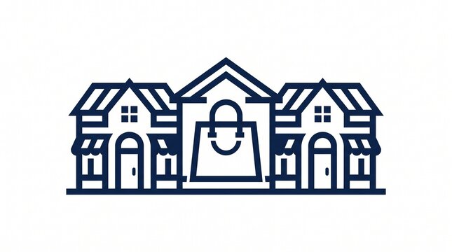 Minimalist Shopping Mall Exterior Outline Icon Featuring Integrated Retail Bag Symbol for Business and E-commerce Branding