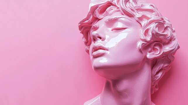 The image shows a partial view of a classical curly-haired bust in soft pink. The figure is looking up with eyes closed, and her hair is curled delicately. The background is a pure