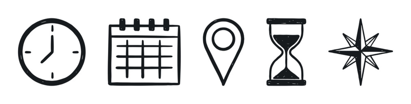Doodle style clock calendar location pin hourglass and compass icons are displayed