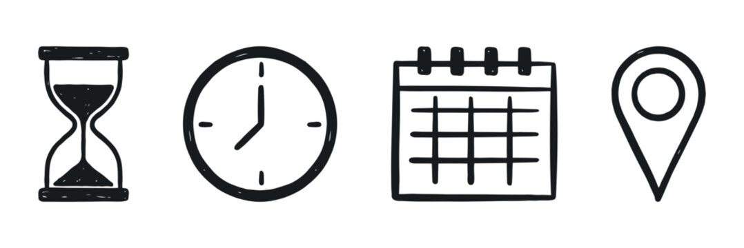 Hourglass clock calendar and map marker sketches on a plain surface