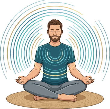 Mindfulness seeker meditating with vibrational waves radiating around him.