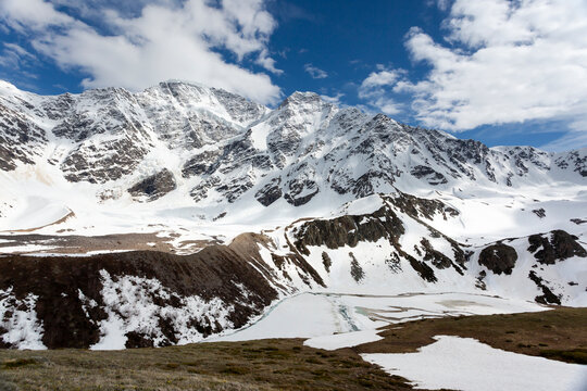 Mount Cheget, Semerka glacier and high-mountain lake Donguz-Orun Kol in the Elbrus region.