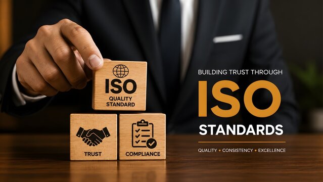 A business professional stacking wooden blocks representing iso standards and modern technology compliance for quality management and corporate industry success