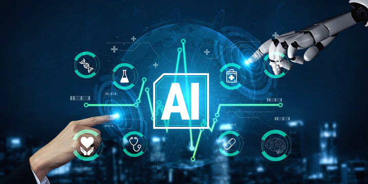 Futuristic Interface Showcasing Human Hand and Robot Arm Interacting with AI Symbols in a High-Tech Environment Haptic.