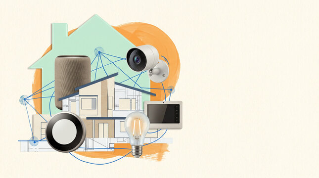 Smart home devices and connected living concept for IFA Berlin, modern consumer electronics collage with speaker, camera, display and home automation technology with copy space