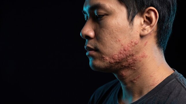 Side view profile of Asian man with severe herpes zoster rash on jaw