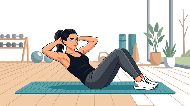 Female athlete performing abdominal crunches on a mat inside the studio.