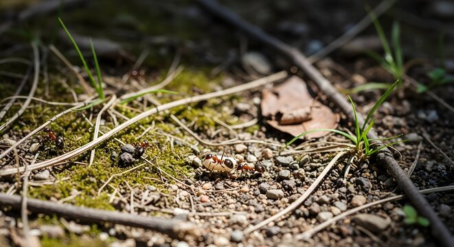 Black ants foraging on mossy forest floor ground with generated by AI, wildlife
