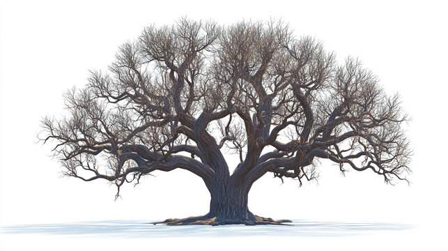 Large bare spreading oak tree with intricate branches isolated on white background tree trunk winter tree silhouette botanical isolated